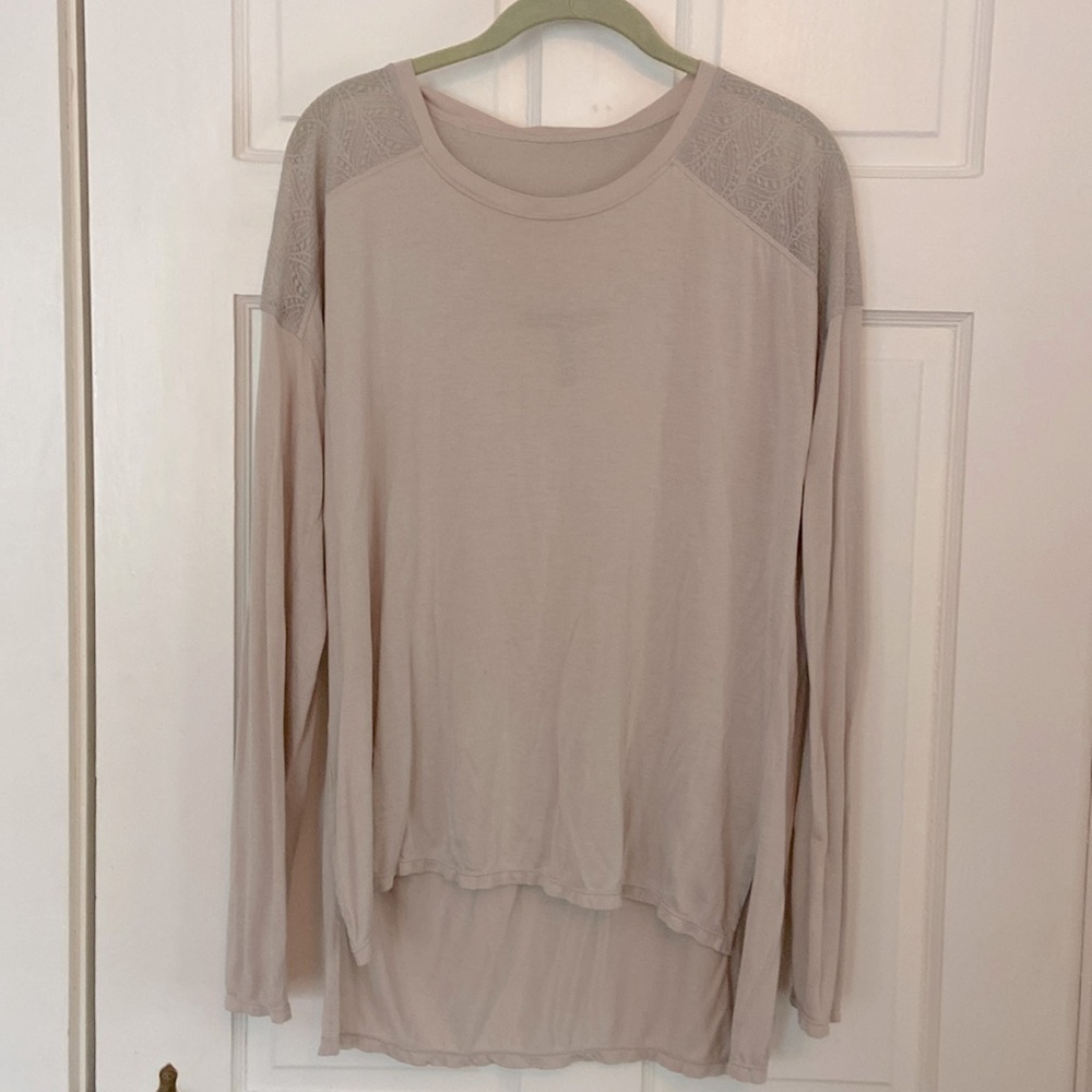 BCBG Max Azaria long hi-Lo tunic with mesh detailed sleeves.